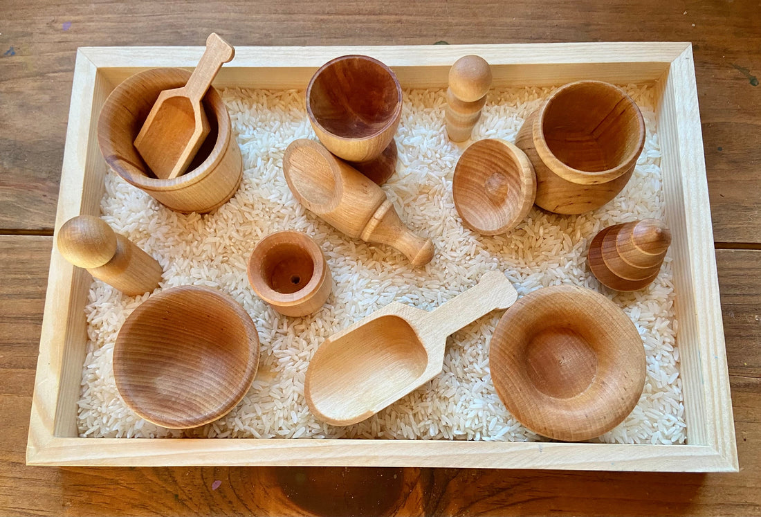 Wooden sensory bin tool set with birch bowls, scoops and peg people – photo 1