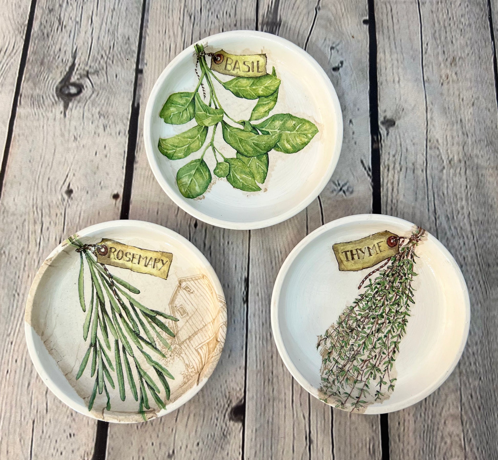 Handcrafted Terracotta pots with Herb inspired decoupage design