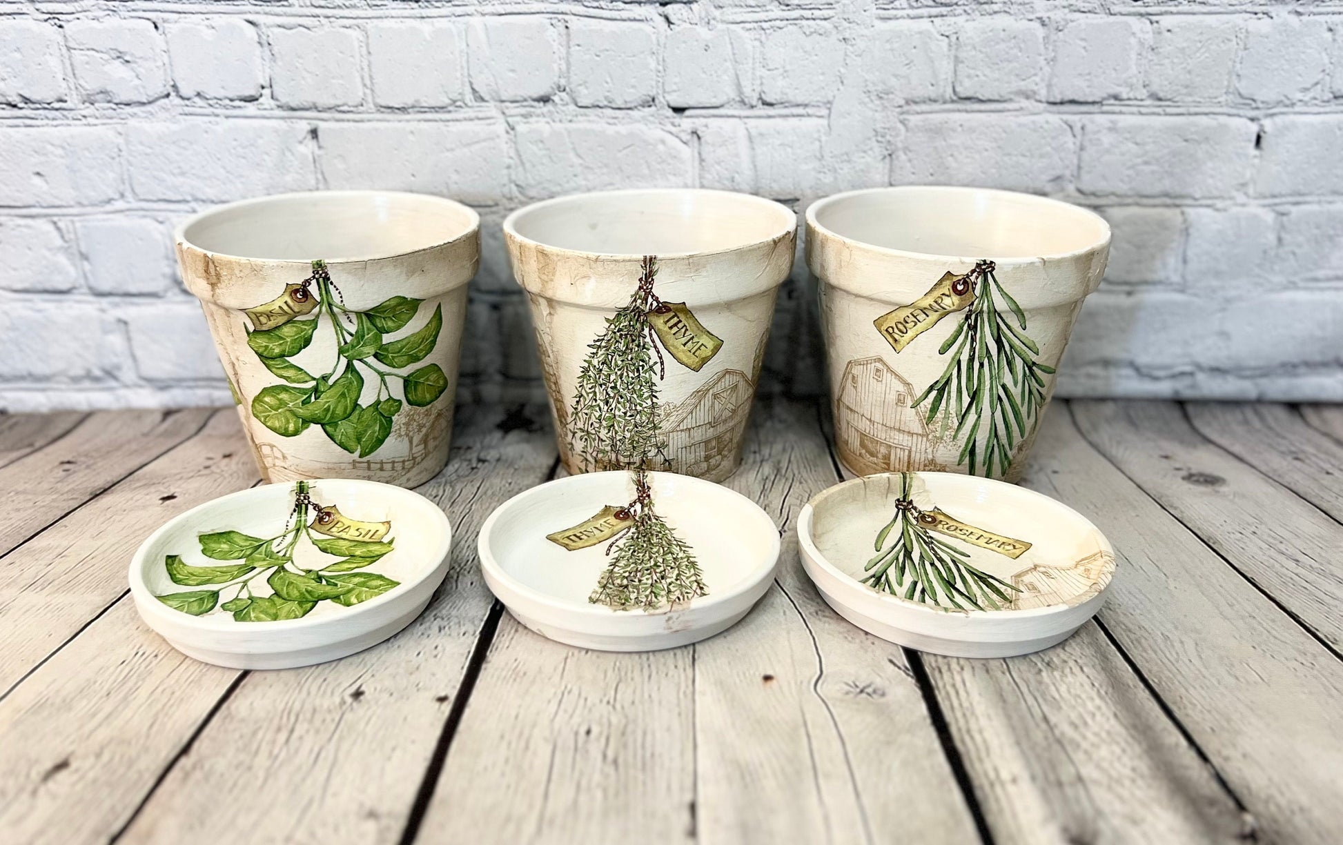 Handcrafted Terracotta pots with Herb inspired decoupage design
