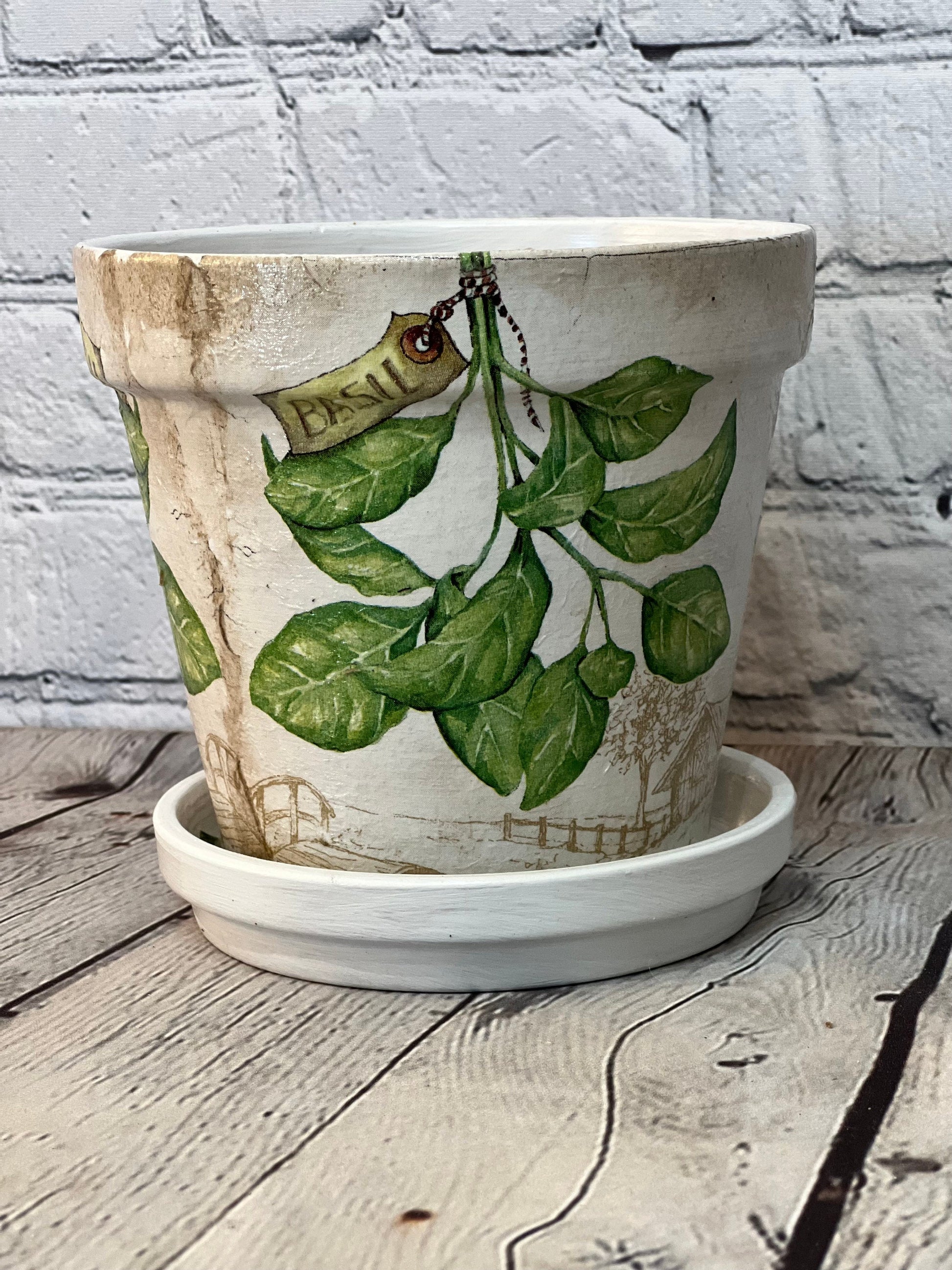 Handcrafted Terracotta pots with Herb inspired decoupage design