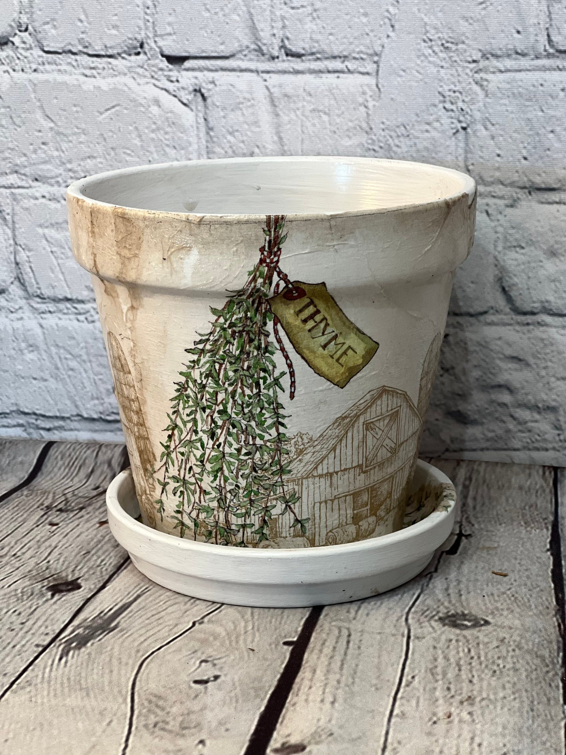 Handcrafted Terracotta pots with Herb inspired decoupage design