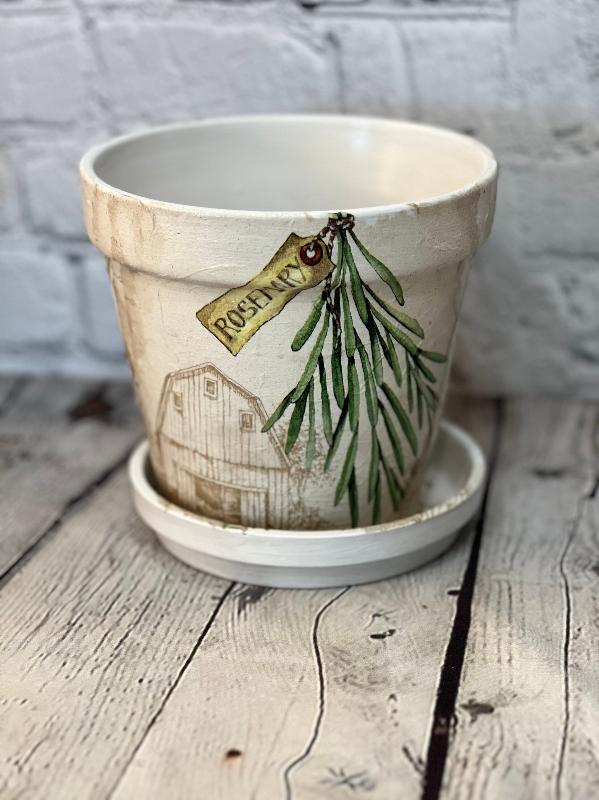 Handcrafted Terracotta pots with Herb inspired decoupage design