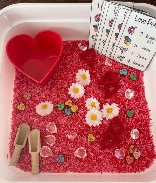 Valentine's Day Sensory Bin: Counting Preschool Game with Recipe Cards