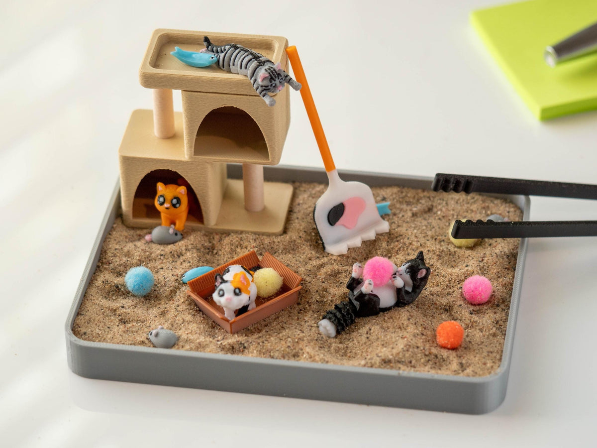 Cat zen garden sensory sand tray with cat figures, rake and toys – photo 1