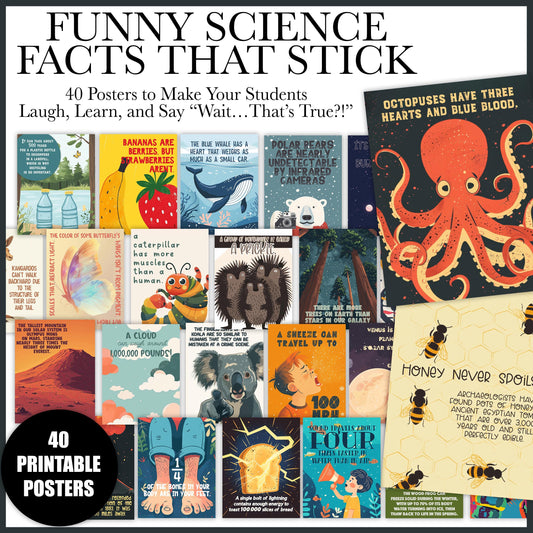 40 Funny Science Class Posters | Hilarious Facts Science Teacher Classroom Bulletin Board | Printable Posters for Middle High School Decor