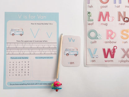 Printable Montessori Alphabet Learning Bundle PDF – Watercolor ABC Flashcards, Tracing Worksheets & Preschool Activities