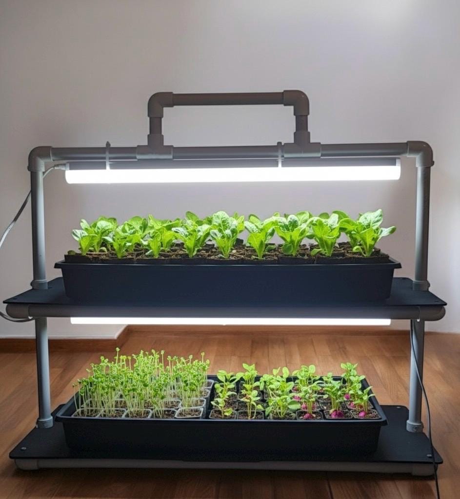 Two-shelf LED grow light plant stand with seedlings and microgreens growing under the lights