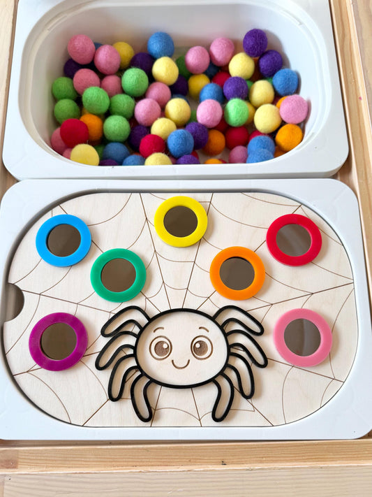Spider Web Sensory Bin Insert for Small Ikea Trofast | Wooden & Acrylic Color Sorting Board | Montessori Fine Motor Toy | Optional Pom Poms