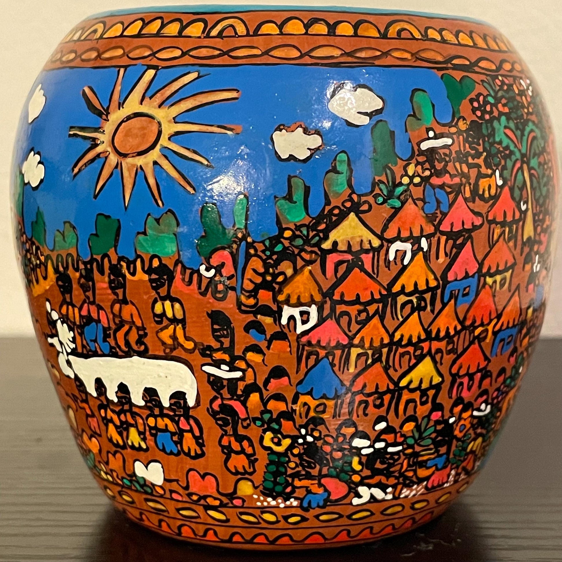 Vintage Mexican Folk Art Terracotta Pottery Vase, 4.25” Tall Pot