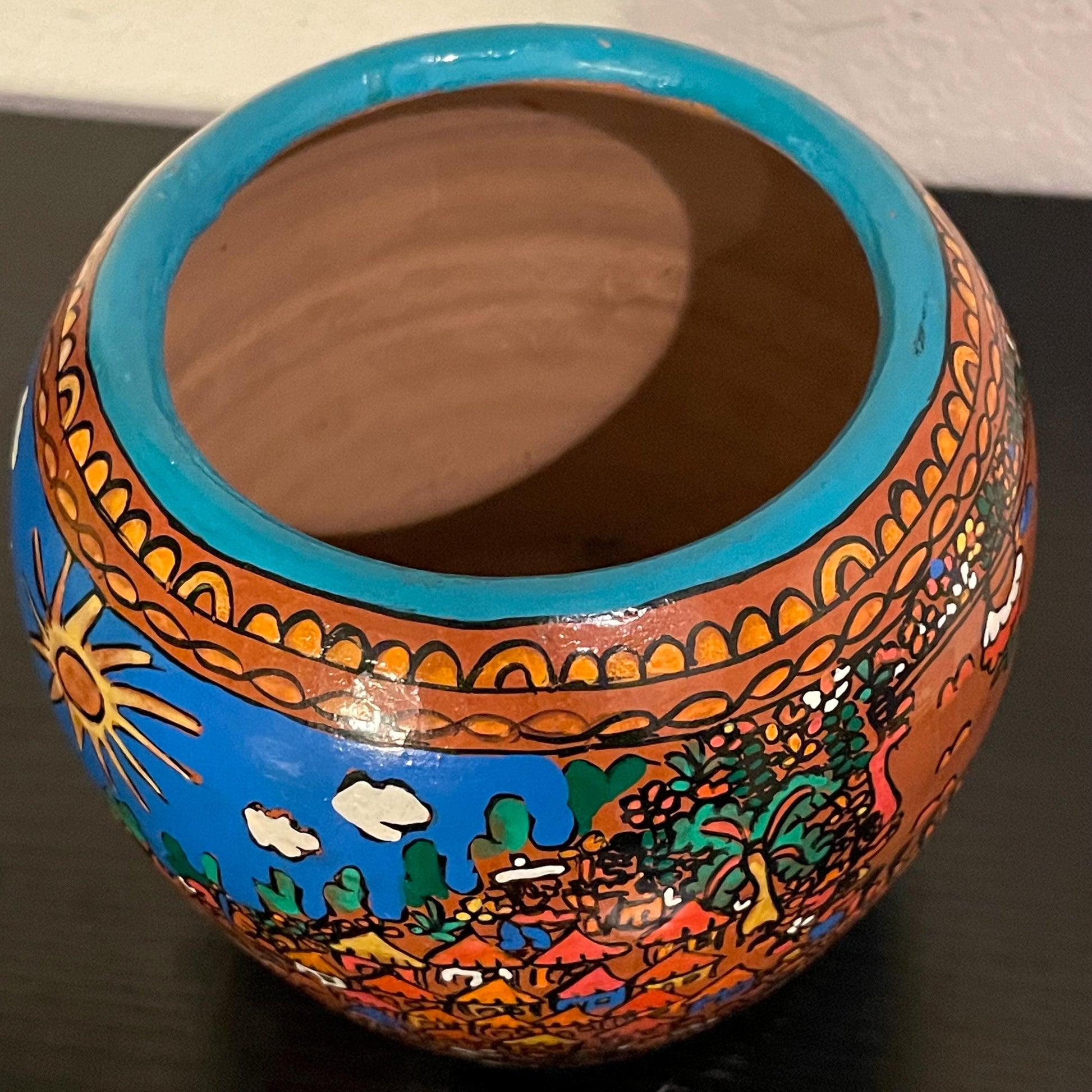 Vintage Mexican Folk Art Terracotta Pottery Vase, 4.25” Tall Pot