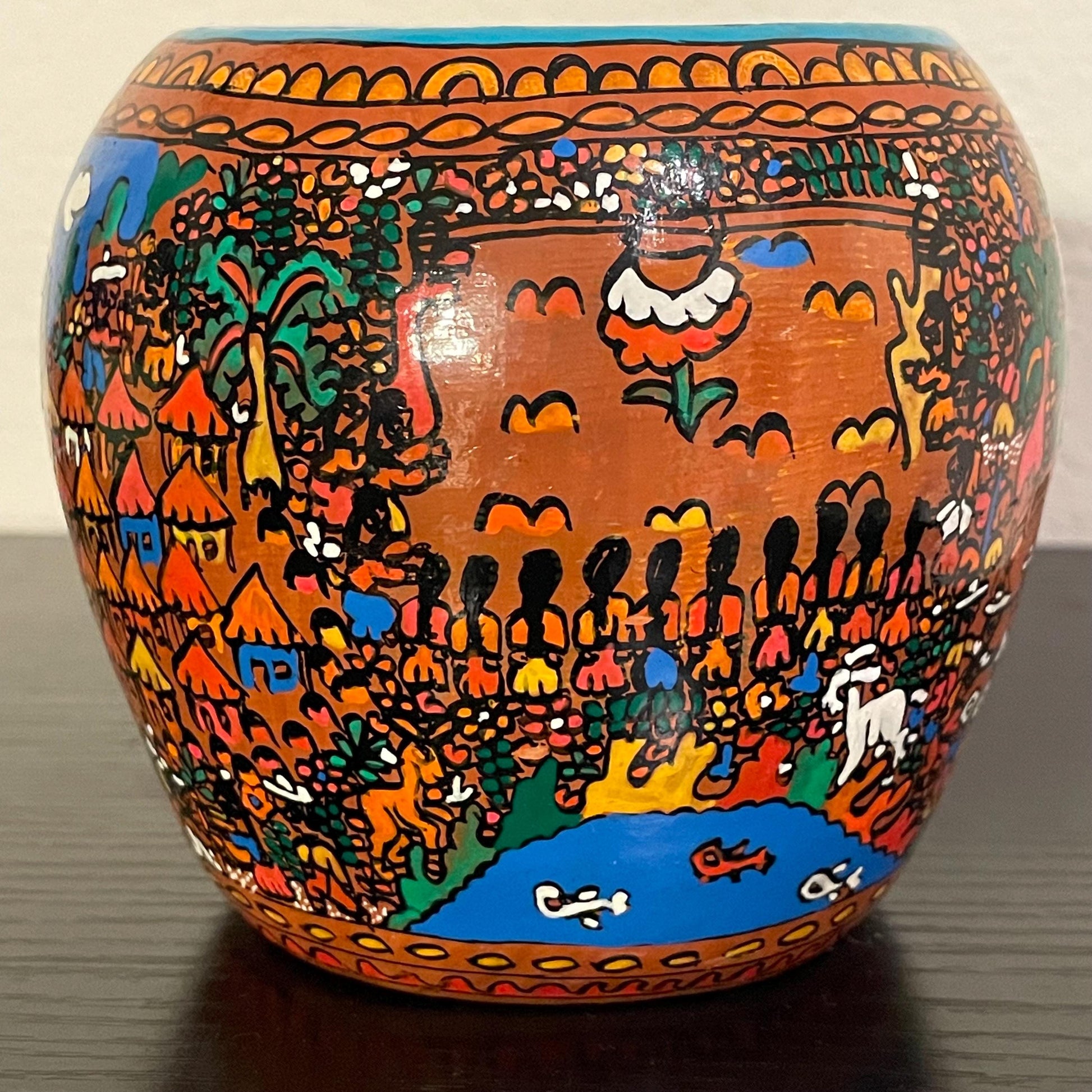 Vintage Mexican Folk Art Terracotta Pottery Vase, 4.25” Tall Pot