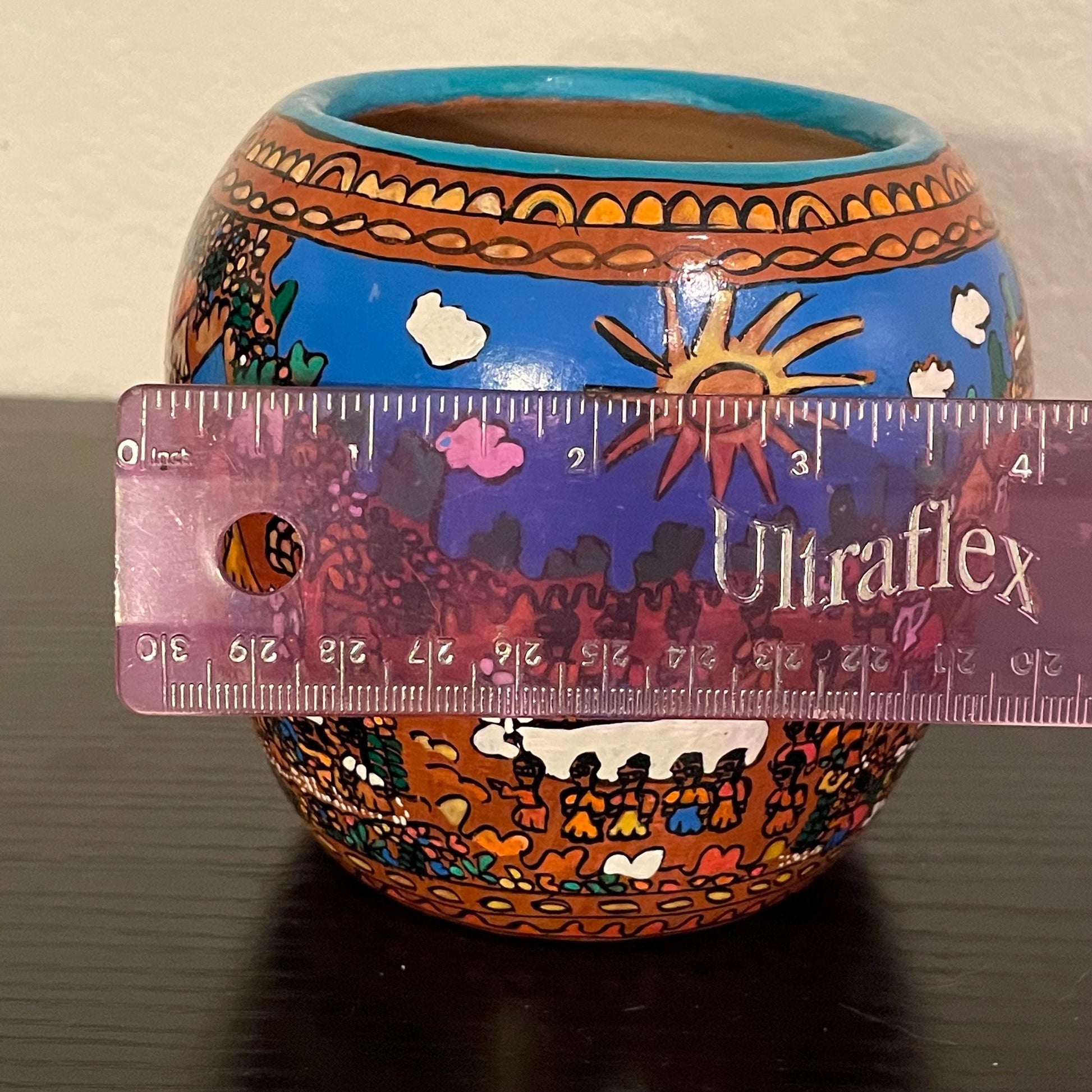 Vintage Mexican Folk Art Terracotta Pottery Vase, 4.25” Tall Pot