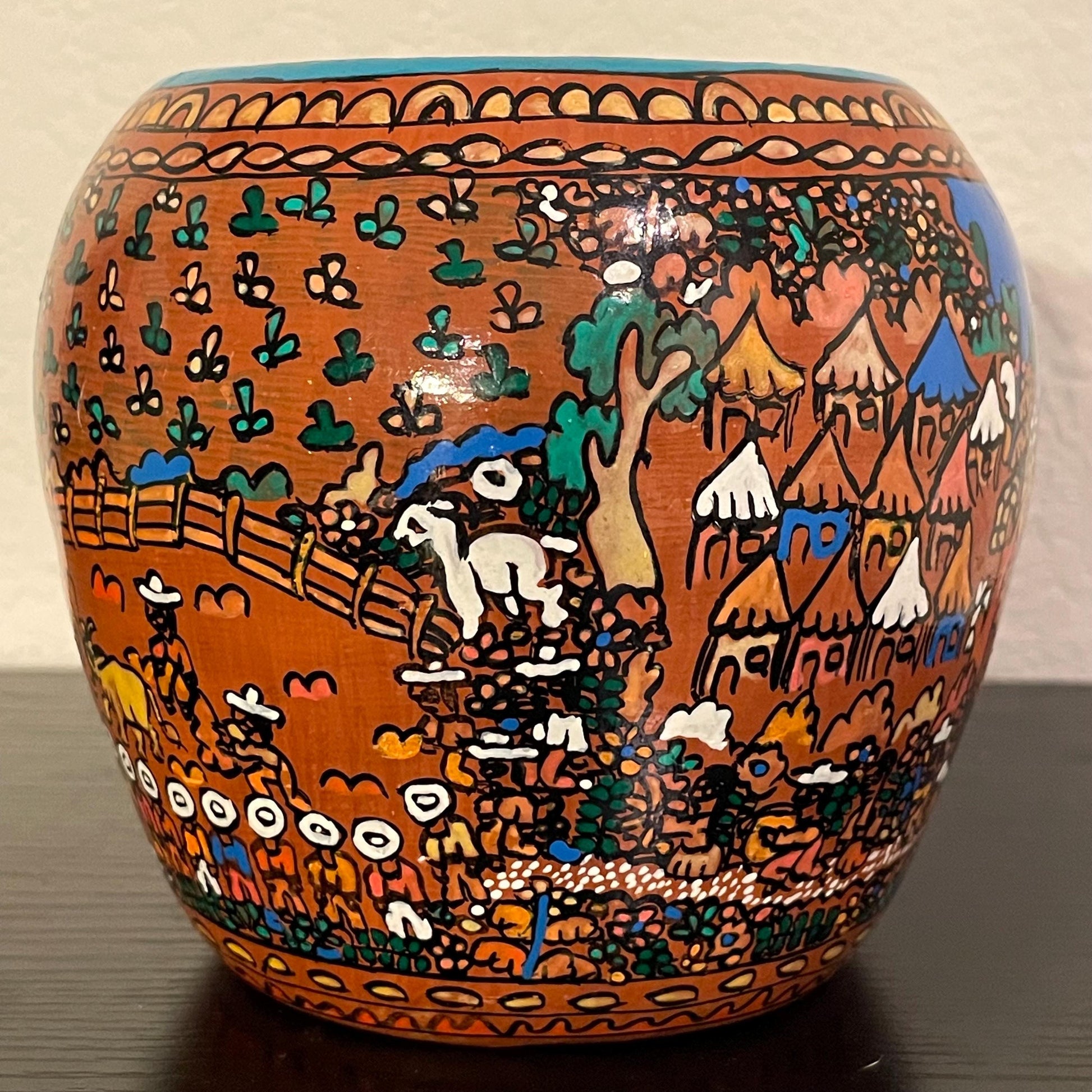 Vintage Mexican Folk Art Terracotta Pottery Vase, 4.25” Tall Pot